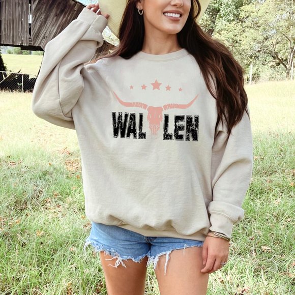 Women's Wallen Western Country Music Print On Back‎ Sand Crewneck Sweatshirt - Picture 3 of 3